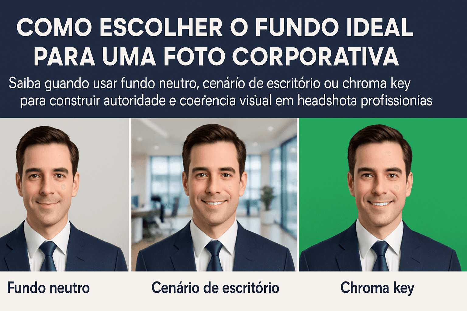 Comparação de diferentes fundos em fotos corporativas: neutro, escritório, externo