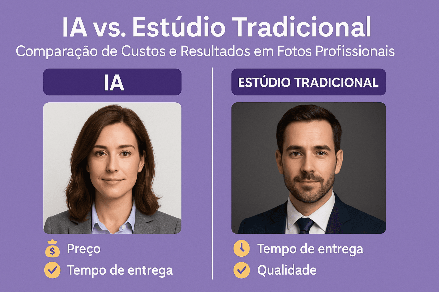 Montagem comparando headshots gerados por IA e fotos tiradas em estúdio tradicional