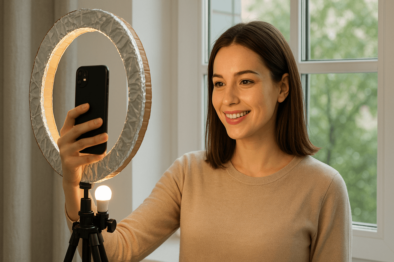 Ring light improvisado em frente a uma janela iluminando uma pessoa tirando selfie