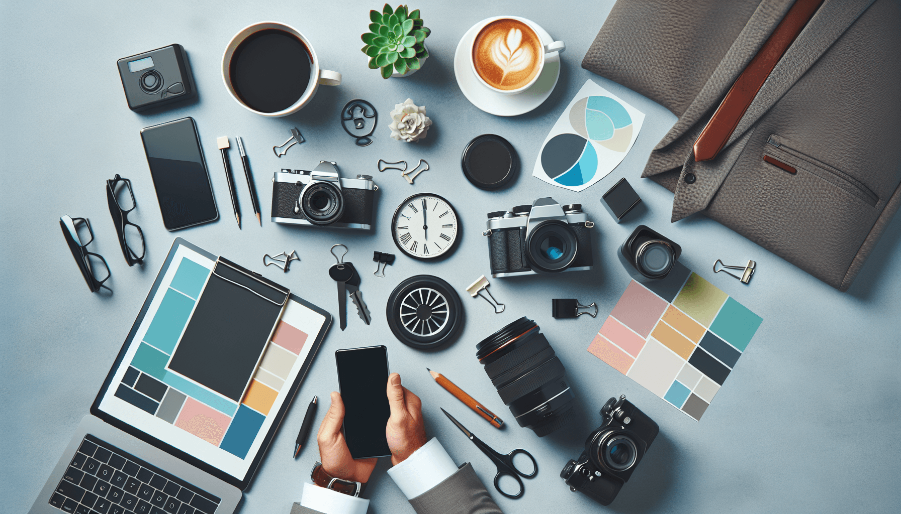 Mesa com equipamentos de fotografia organizados para iniciantes